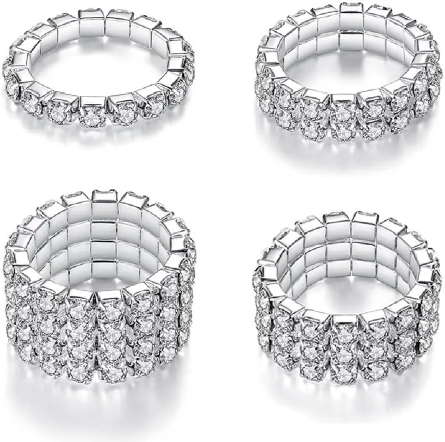 DATOA 4 PCS White Gold Color Rhinestone Stretch RingBand Eternity Rings for Women Sparkly Thumb Pinky Ring for Women Wedding Band Infinity Stackable Engagement Ring