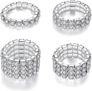 DATOA 4 PCS White Gold Color Rhinestone Stretch RingBand Eternity Rings for Women Sparkly Thumb Pinky Ring for Women Wedding Band Infinity Stackable Engagement Ring