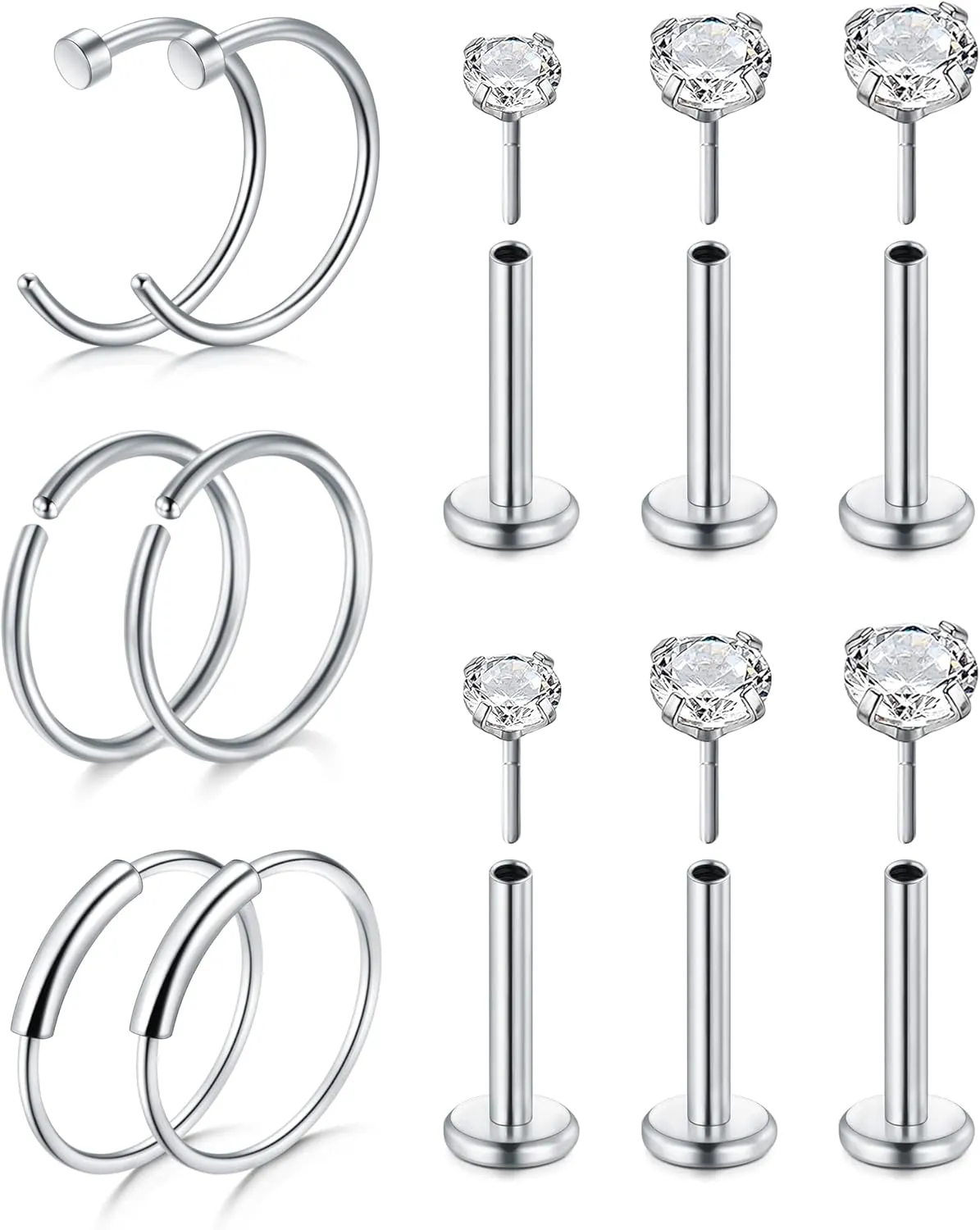 D.Bella 20G 8mm 32pcs Surgical Stainless Steel Nose Rings Hoop L Shaped Bone Screw Nose Rings Studs Nose Piercing Jewelry Set