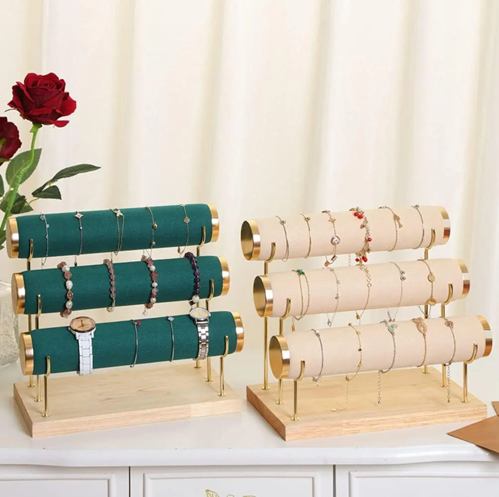 Detachable Bracelet Holder, Three Tier Racks Jewelry Display Stand, Stylish Velvet Wrist Watch Organizer, Beige
