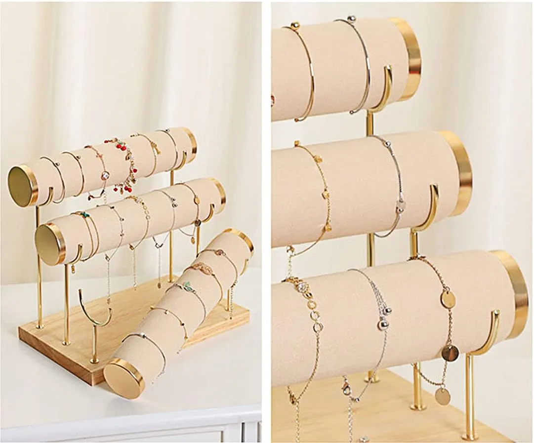Detachable Bracelet Holder, Three Tier Racks Jewelry Display Stand, Stylish Velvet Wrist Watch Organizer, Beige