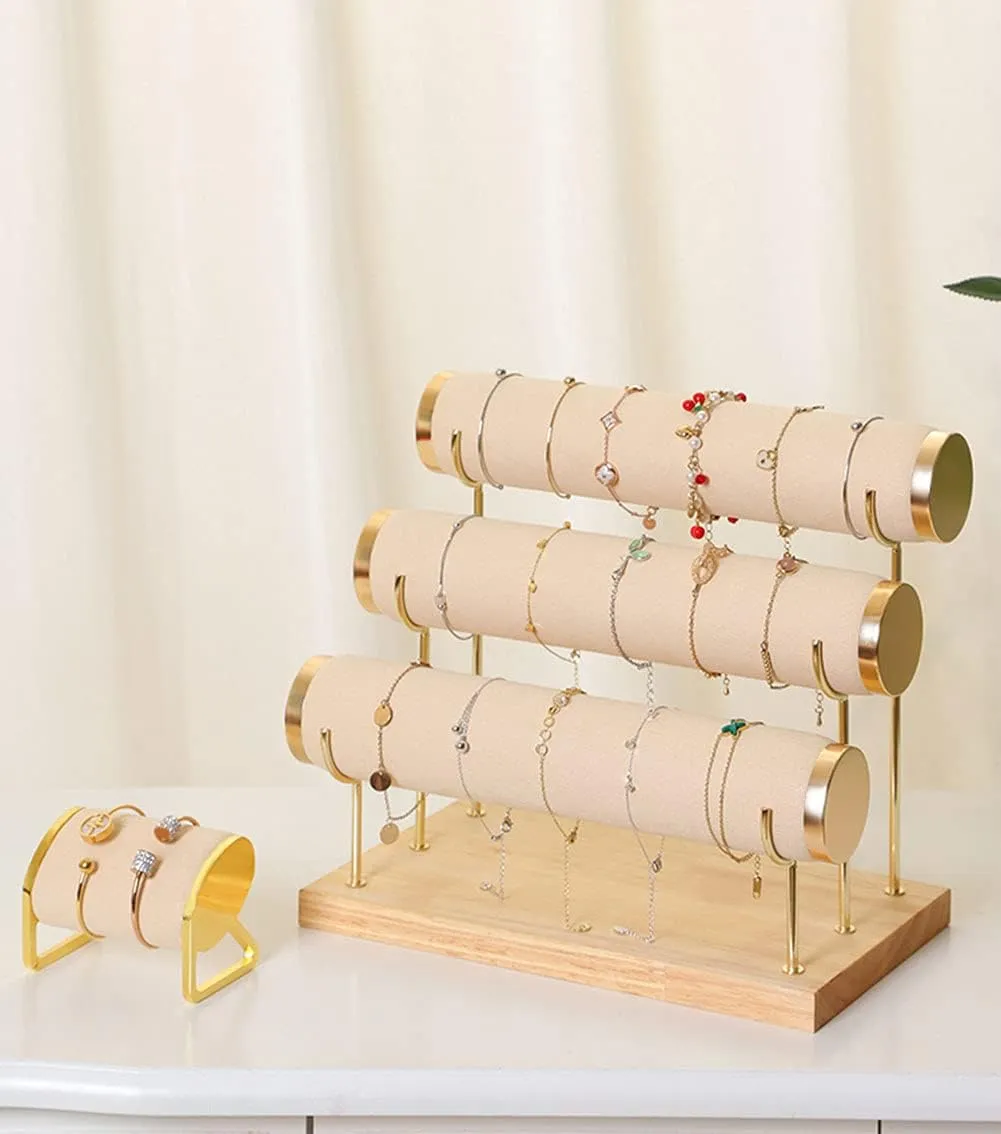 Detachable Bracelet Holder, Three Tier Racks Jewelry Display Stand, Stylish Velvet Wrist Watch Organizer, Beige