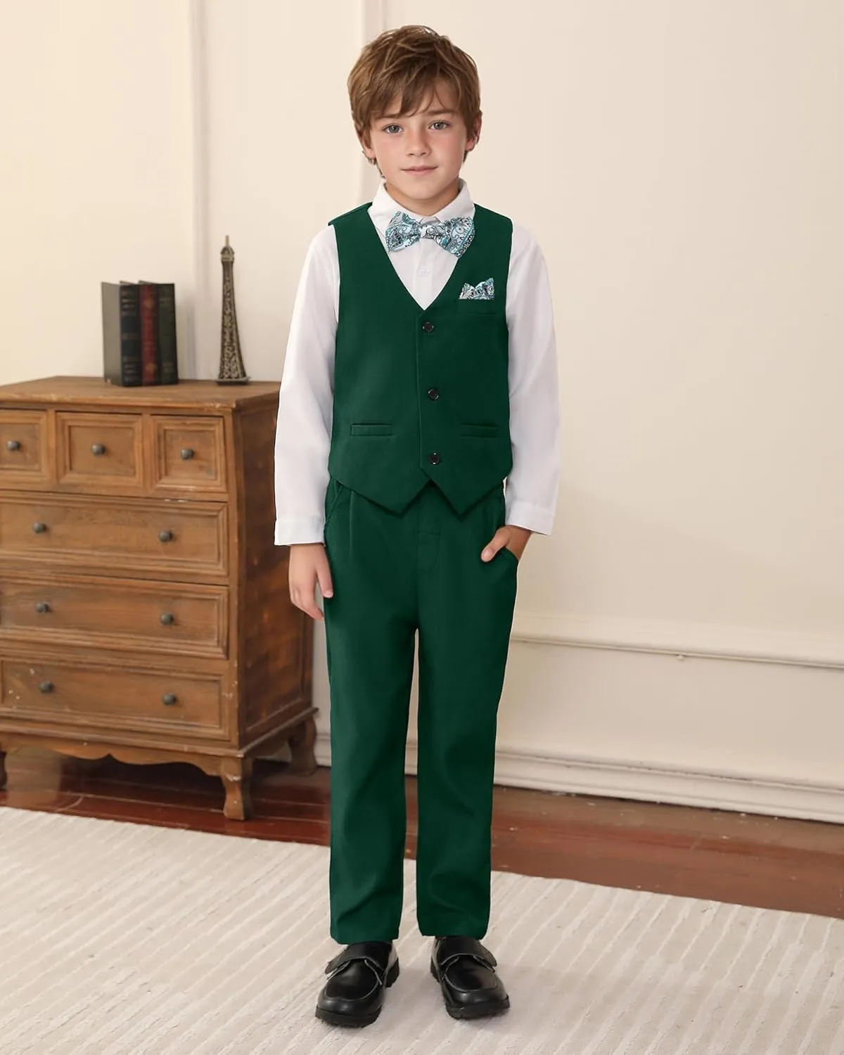 DISAUR Boy Suit 6 Pcs Boy Formal Wear Including Vest,Pants, Dress Shirt,Kerchief and Bow Tie for Formal Occasions 6-10 Years