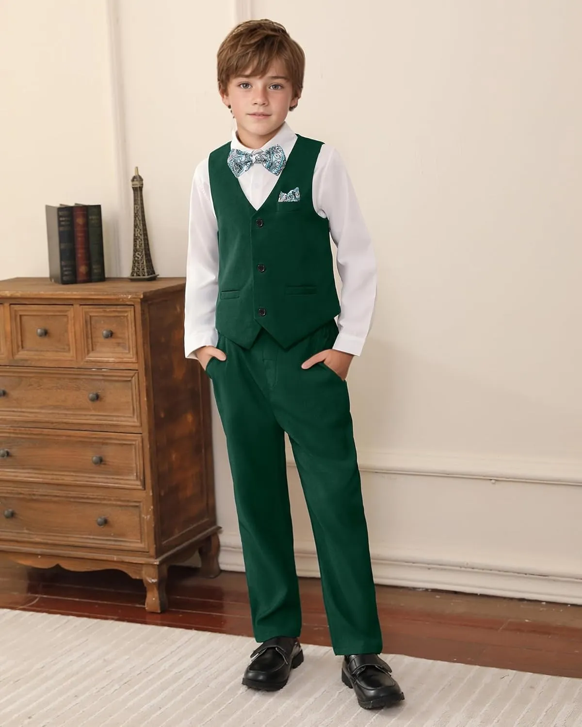 DISAUR Boy Suit 6 Pcs Boy Formal Wear Including Vest,Pants, Dress Shirt,Kerchief and Bow Tie for Formal Occasions 6-10 Years
