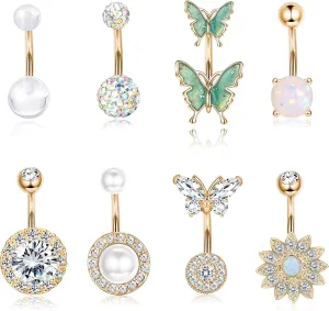 Dochais 8PCS Belly Button Ring, Surgical Steel Belly Rings for Women Stainless Steel Opal Pearl Sparkling CZ Belly Piercing Jewelry Sunflower Butterfly Piercing Jewelry Rose Gold