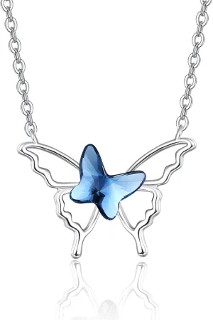 Dreamboat Sterling Silver Butterfly Necklace for Women Crystal Necklace Blue Butterfly Pendant Necklaces Elegant Butterfly Jewelry Gifts