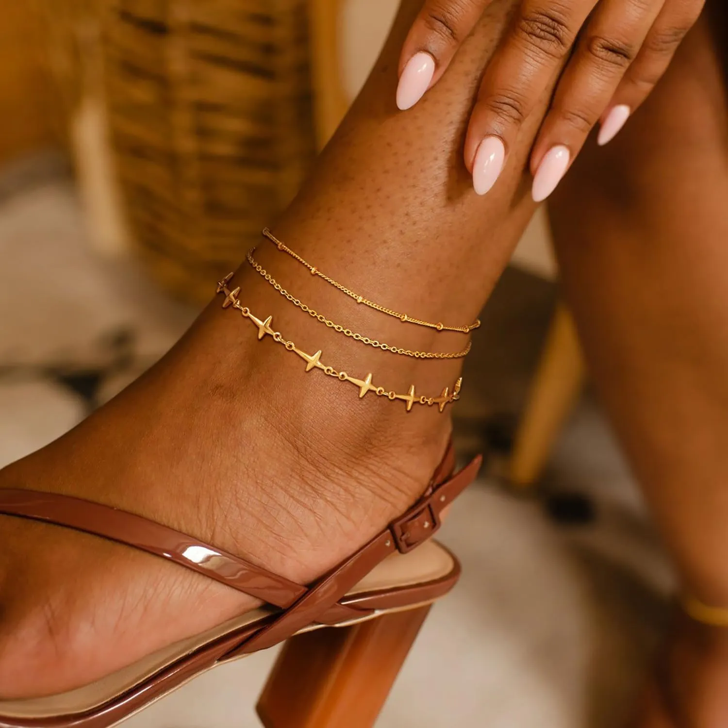 Dremmy Studios Simple Gold Chain Anklet,14k Gold/Silver Plated Dainty Disc Evil Eye Summer Beach Ankle Bracelet Jewelry for Women
