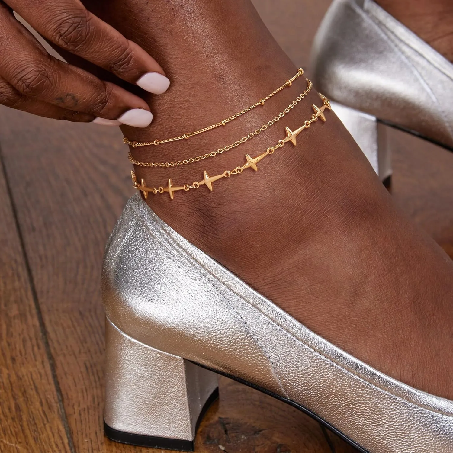 Dremmy Studios Simple Gold Chain Anklet,14k Gold/Silver Plated Dainty Disc Evil Eye Summer Beach Ankle Bracelet Jewelry for Women
