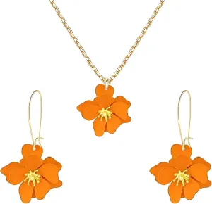 Dreuyet Charm Bohemian Daisy Flower Earring Necklaces Set for Women Elegant Matte Floral Long Petal Dangle Earrings Chic Layered Tiered Drop Earrings Seaside Holiday Jewelry