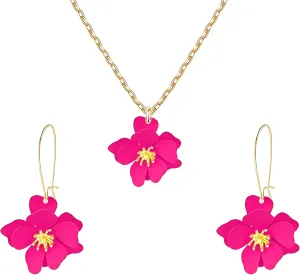 Dreuyet Charm Bohemian Daisy Flower Earring Necklaces Set for Women Elegant Matte Floral Long Petal Dangle Earrings Chic Layered Tiered Drop Earrings Seaside Holiday Jewelry