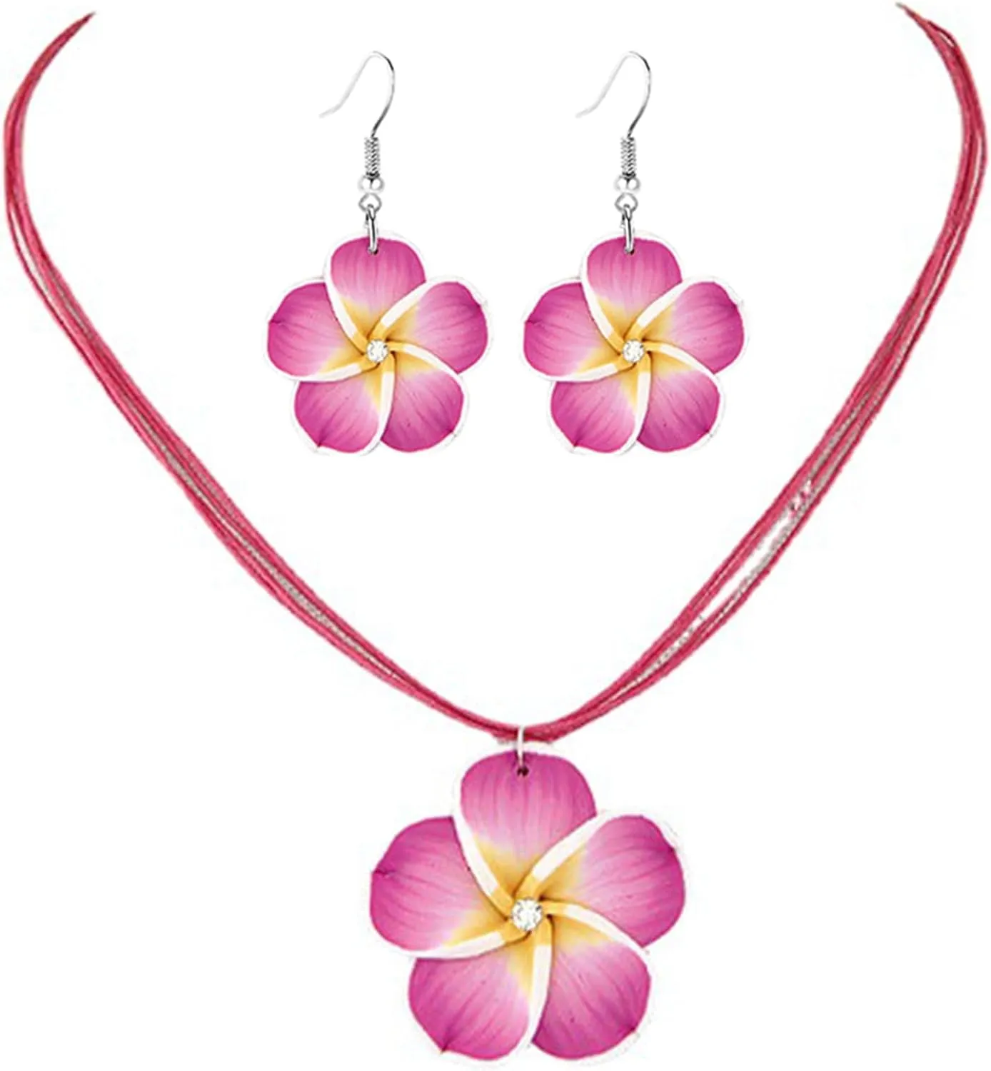 Dreuyet Colorful Plumeria Rubra Necklace Earrings Set for Women Elegant Hawaiian Style Flower Necklaces Bohemia Tropical Flower Dangle Earrings Luau Beach Party Accessories