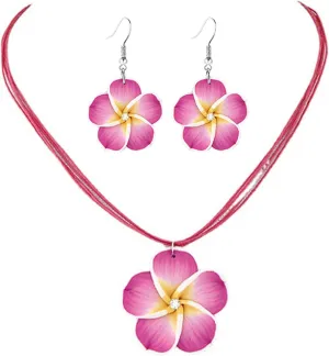 Dreuyet Colorful Plumeria Rubra Necklace Earrings Set for Women Elegant Hawaiian Style Flower Necklaces Bohemia Tropical Flower Dangle Earrings Luau Beach Party Accessories