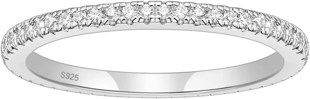 EAMTI 2mm 925 Sterling Silver Wedding Band Cubic Zirconia Half Eternity Stackable Engagement Ring Size 3-13