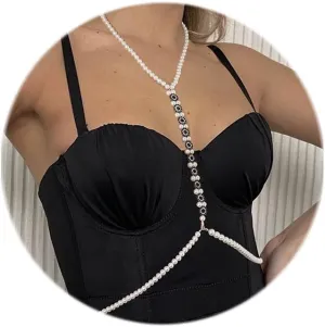 ELABEST Pearl Body Chain Rhinestone Belly Chain Bikini Body Jewelry for Women