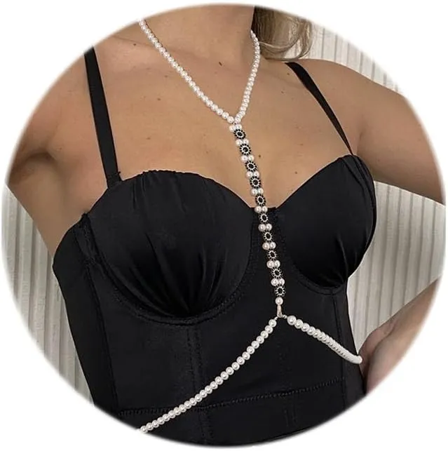 ELABEST Pearl Body Chain Rhinestone Belly Chain Bikini Body Jewelry for Women