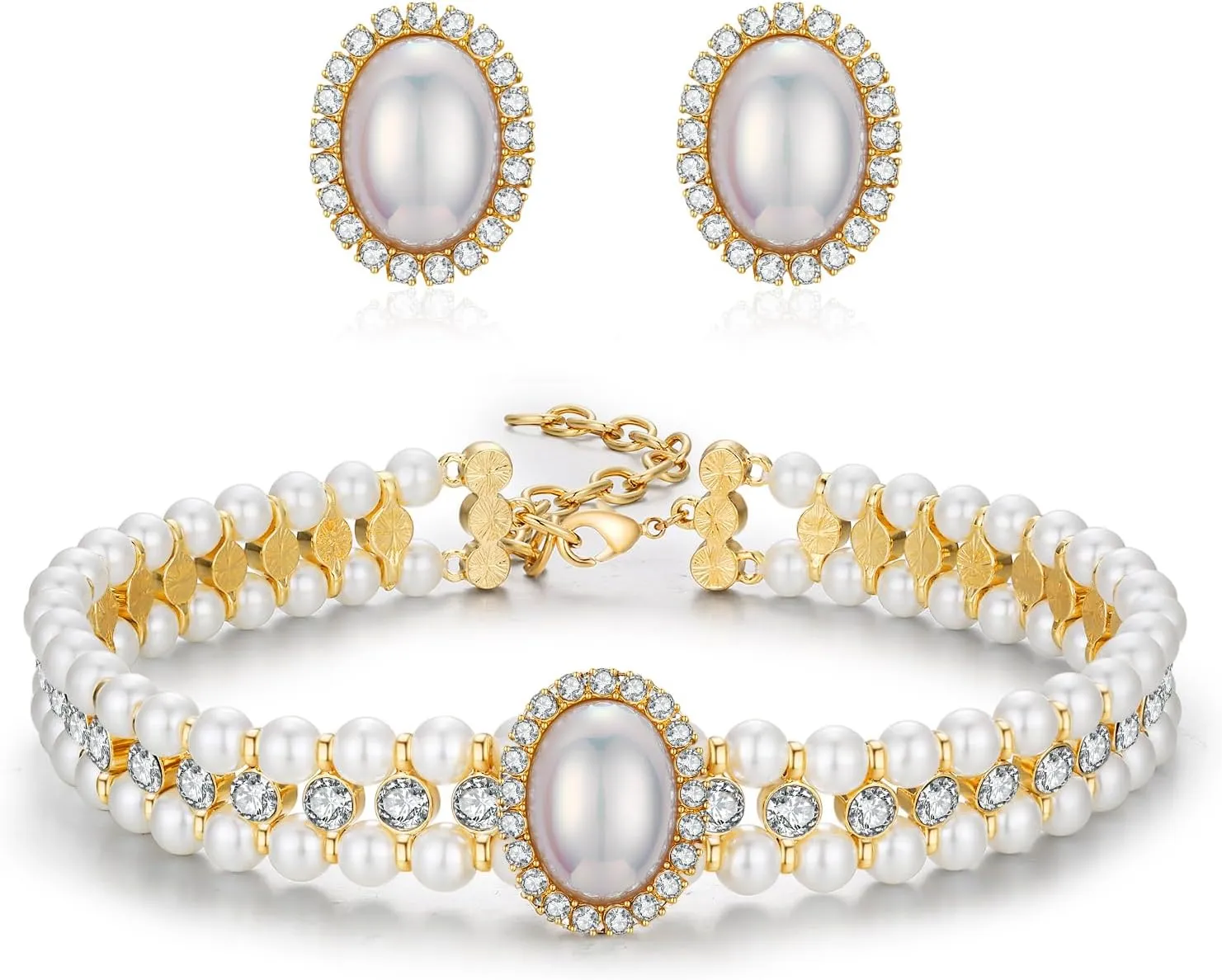 Elegant Pearl Necklace and Earrings Set for Women Rhinestone Pearl Choker Sets Jewelry for Wedding Prom