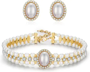 Elegant Pearl Necklace and Earrings Set for Women Rhinestone Pearl Choker Sets Jewelry for Wedding Prom
