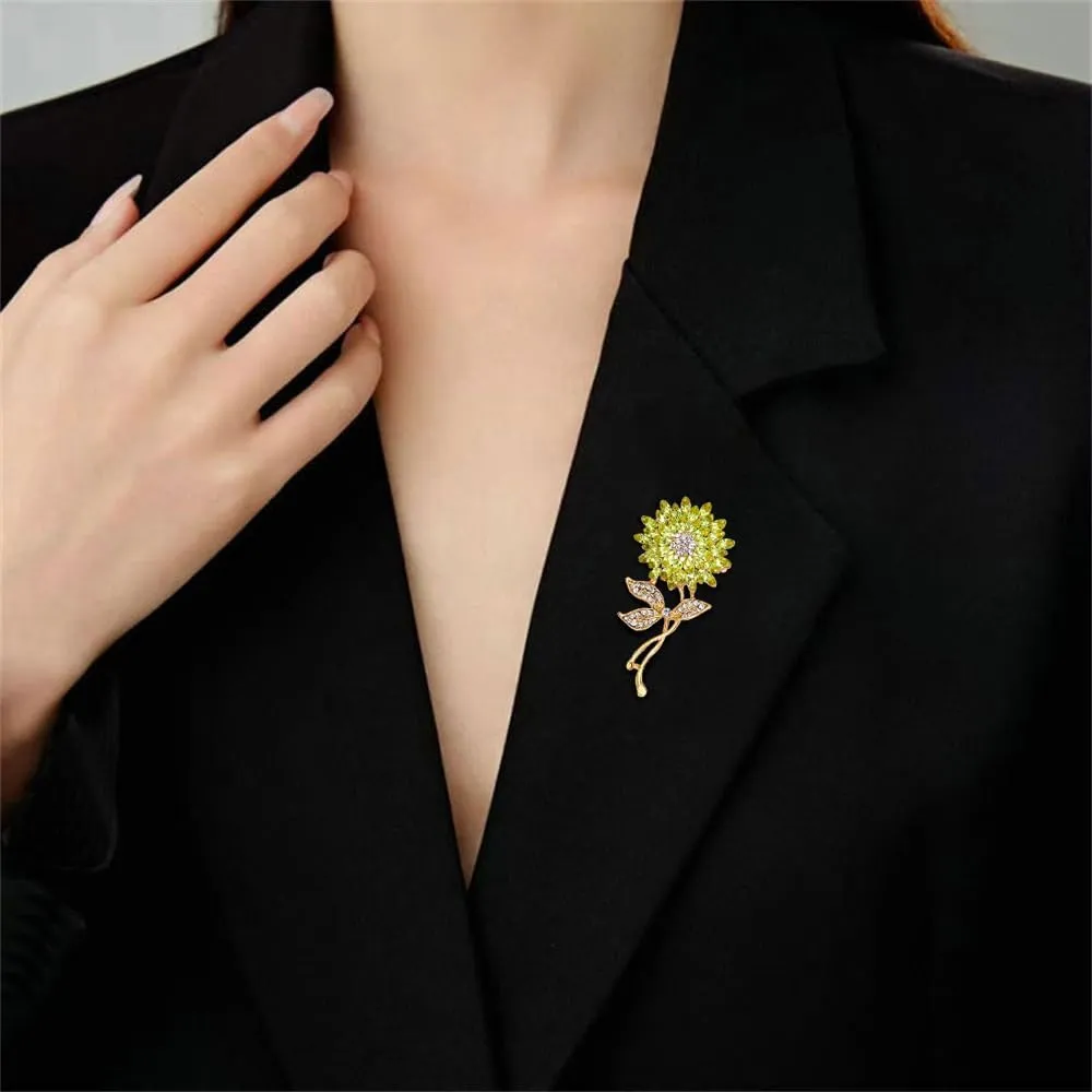 Elegant Sunflower Rhinestone Flower Brooch for Women Gold-Toned Crystal Leaf Daisy Blossom Brooches Lapel Pins Dainty Dress Accessories Wedding Valentine Jewelry