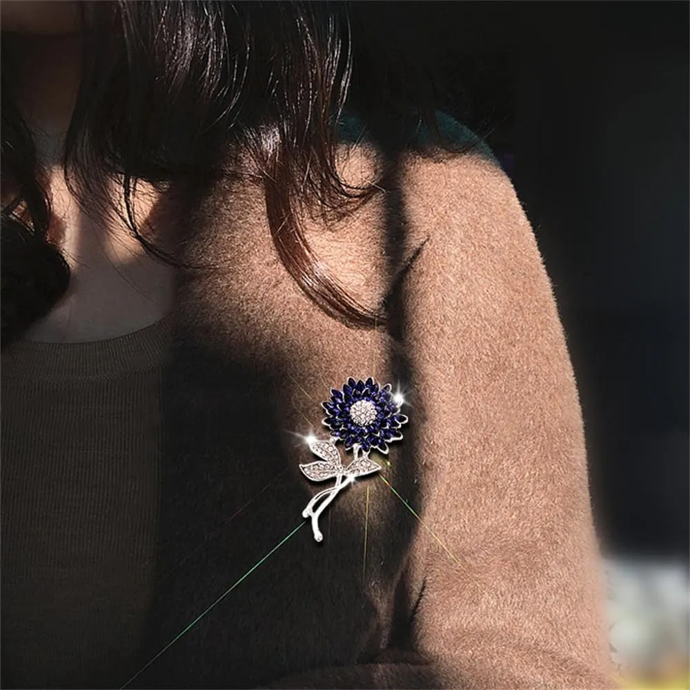 Elegant Sunflower Rhinestone Flower Brooch for Women Gold-Toned Crystal Leaf Daisy Blossom Brooches Lapel Pins Dainty Dress Accessories Wedding Valentine Jewelry