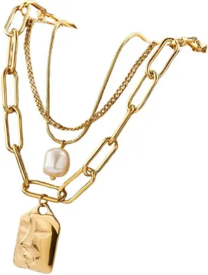 Elegant Women's Double-Chain Pendant Necklace, 18K PVD Gold Plated with Imitation Pearl Charms