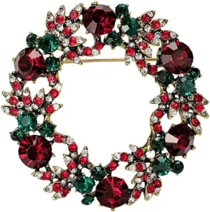 Elegant Wreath Merry Christmas Festival Brooch Pin for Women Girls Red Green Crystal Flower Cute New Year Xmas Decoration Brooches Lapel Pins Dress Suit Clothing Acessories Corsage Bags Hat Scarf Scarves Clip Gifts 49mm