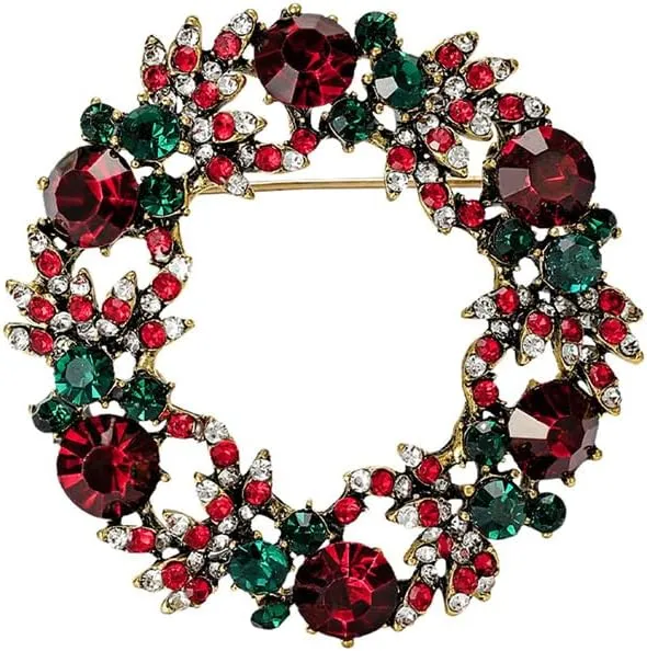 Elegant Wreath Merry Christmas Festival Brooch Pin for Women Girls Red Green Crystal Flower Cute New Year Xmas Decoration Brooches Lapel Pins Dress Suit Clothing Acessories Corsage Bags Hat Scarf Scarves Clip Gifts 49mm