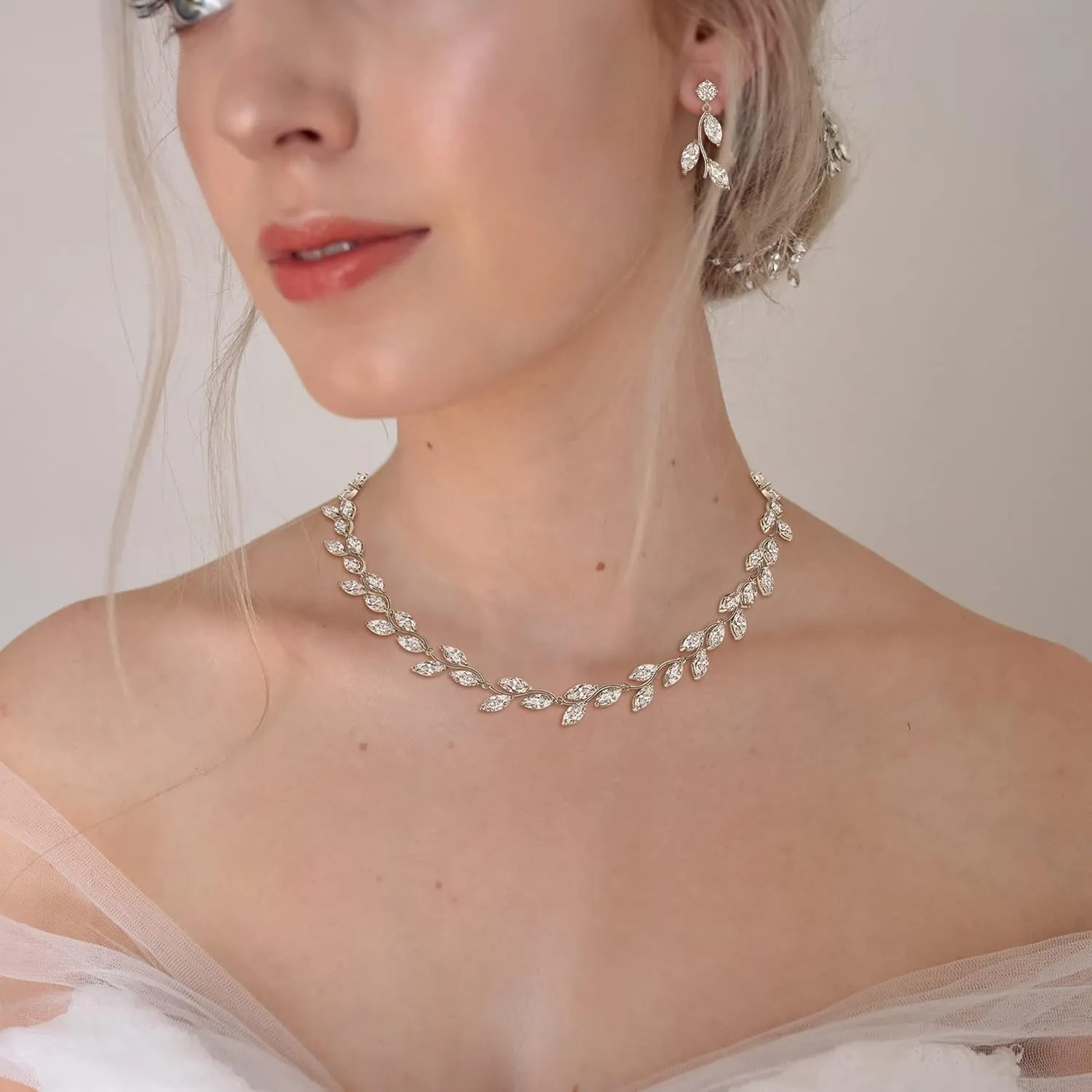 EleQueen Women's Wedding Bridal Cubic Zirconia Elegant Leaf Vine Teardrop Necklace Dangle Earrings Jewelry Sets for Party Prom