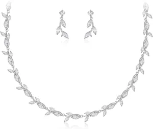 EleQueen Women's Wedding Bridal Cubic Zirconia Elegant Leaf Vine Teardrop Necklace Dangle Earrings Jewelry Sets for Party Prom