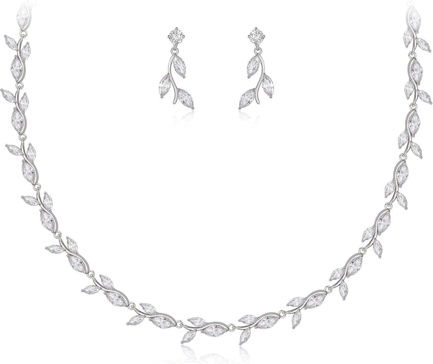 EleQueen Women's Wedding Bridal Cubic Zirconia Elegant Leaf Vine Teardrop Necklace Dangle Earrings Jewelry Sets for Party Prom