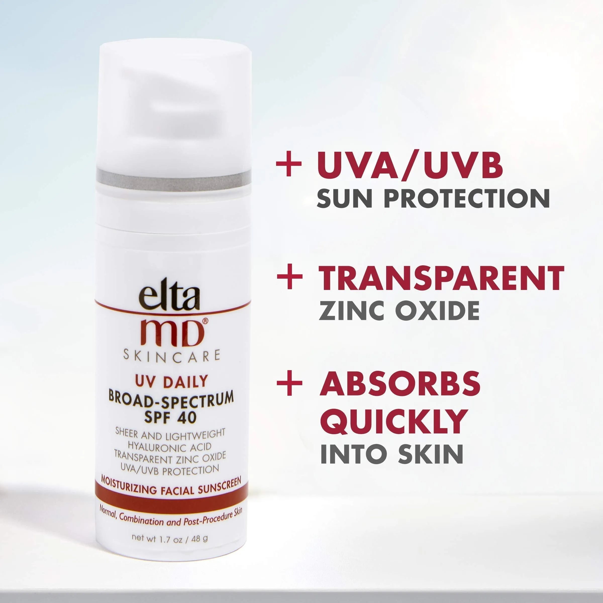 EltaMD UV Daily Moisturizer with SPF Face Sunscreen with Hyaluronic Acid, Broad Spectrum SPF 40 Face Sunscreen Moisturizer, Non greasy, Sheer Lotion, Mineral-Based Sun Protection, 1.7 oz