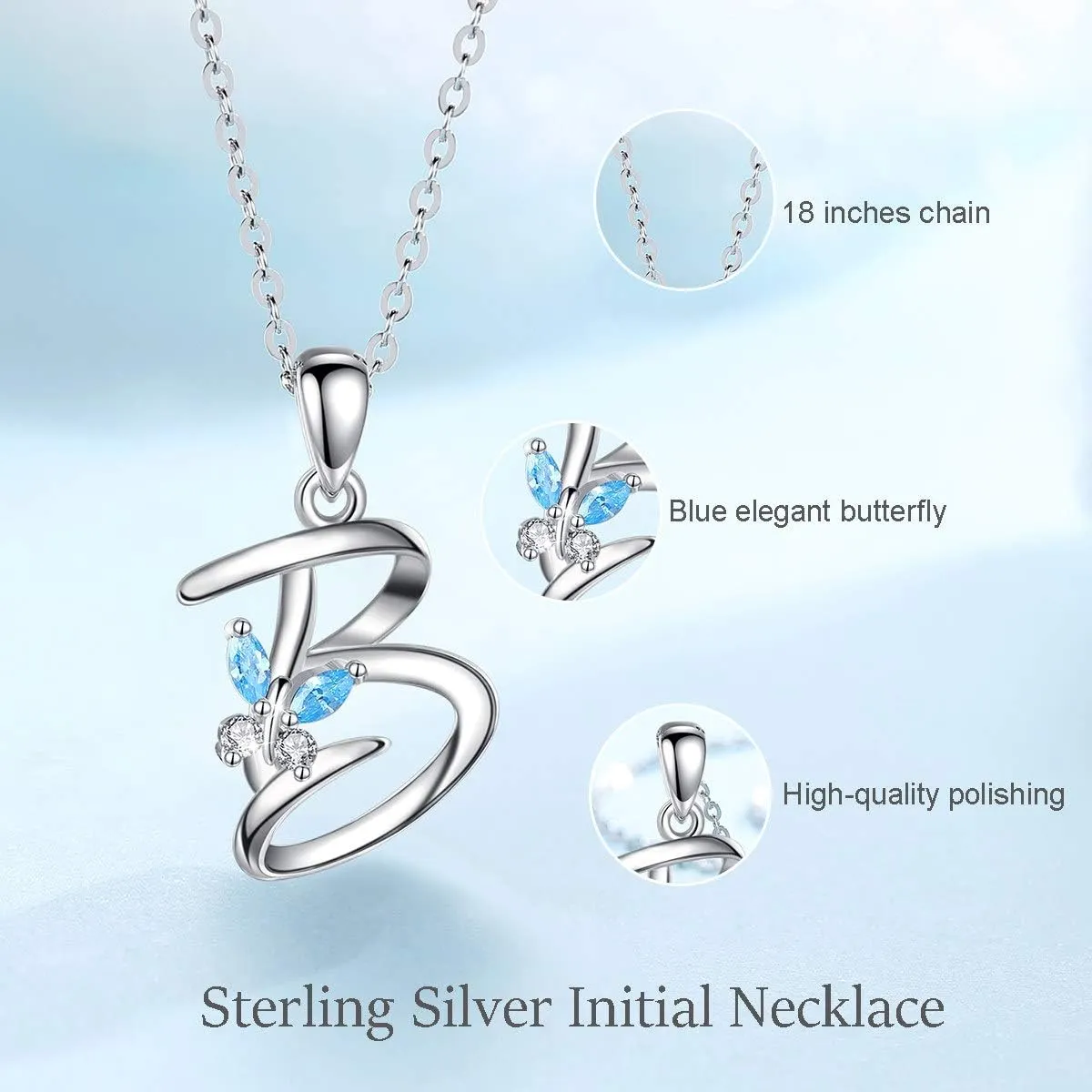 EUDORA Sterling Silver Butterfly Initial Necklaces for Women, Elegant Letter Neckles Personalized Gift for Mother, Sister, Daughter, 18 inch Chai