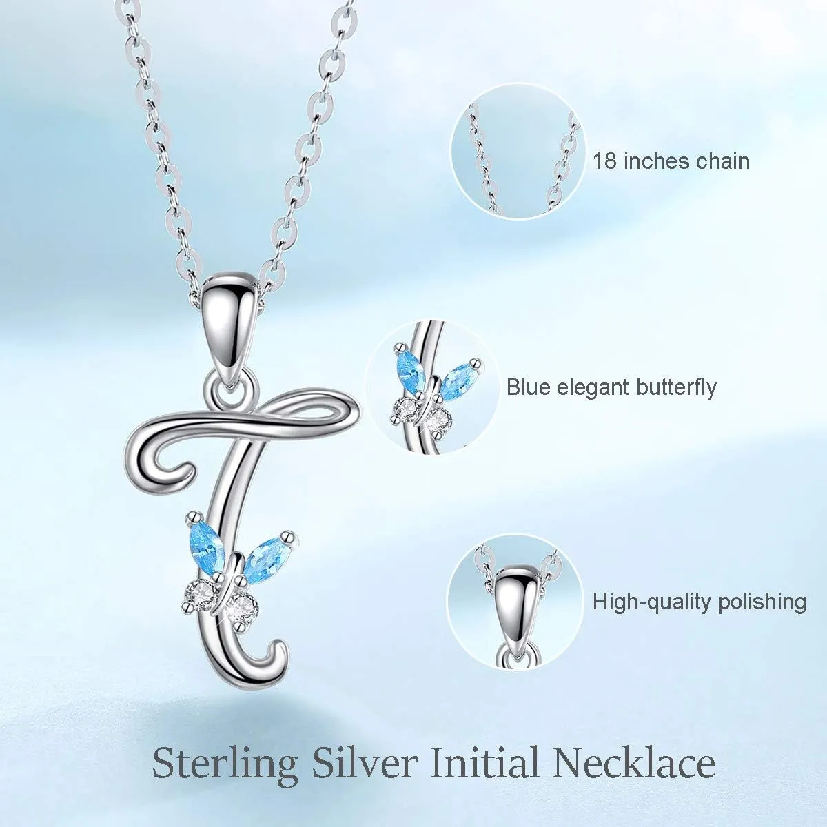 EUDORA Sterling Silver Butterfly Initial Necklaces for Women, Elegant Letter Neckles Personalized Gift for Mother, Sister, Daughter, 18 inch Chai