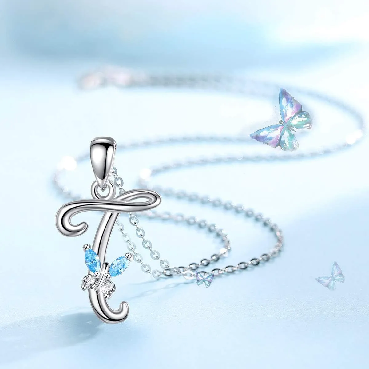 EUDORA Sterling Silver Butterfly Initial Necklaces for Women, Elegant Letter Neckles Personalized Gift for Mother, Sister, Daughter, 18 inch Chai