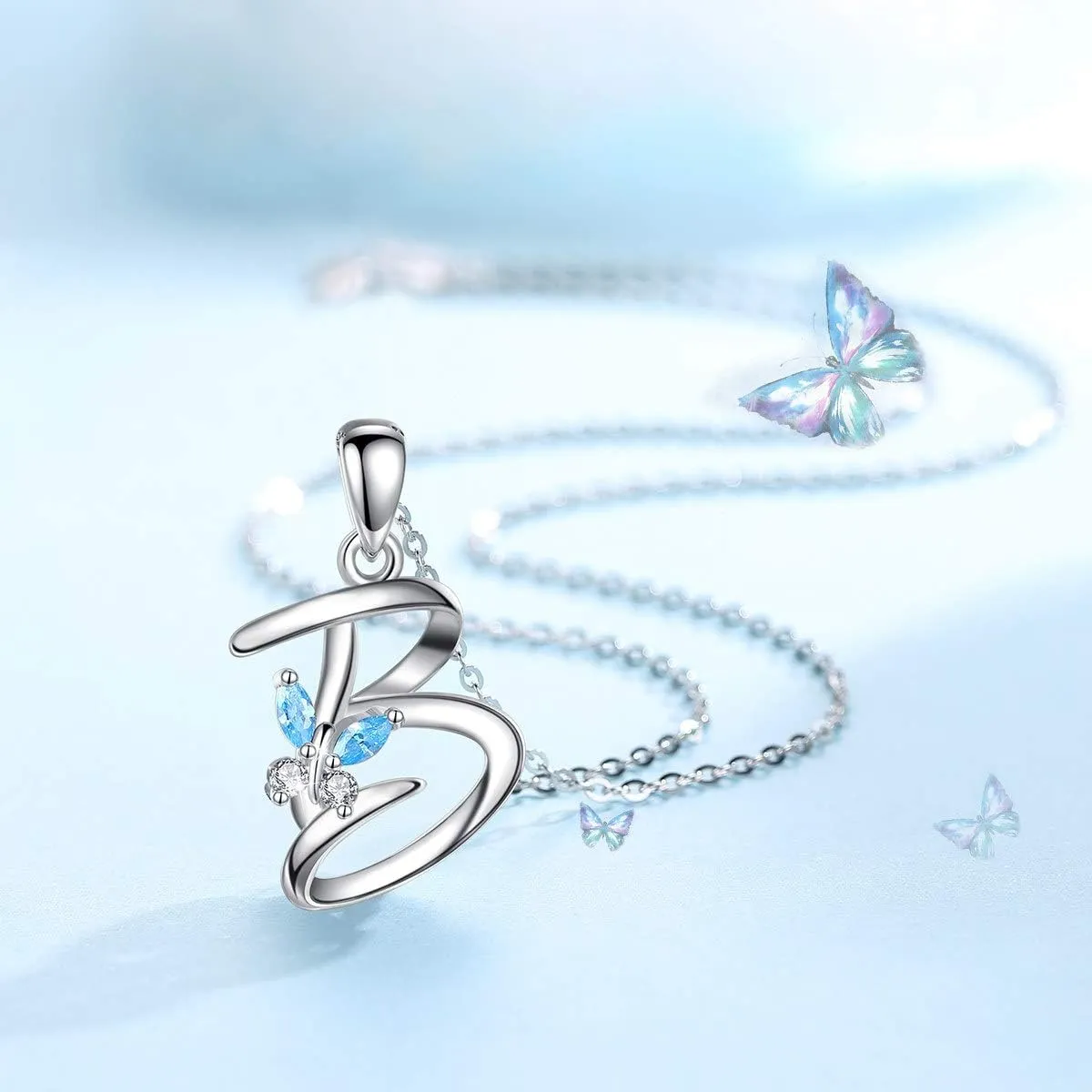 EUDORA Sterling Silver Butterfly Initial Necklaces for Women, Elegant Letter Neckles Personalized Gift for Mother, Sister, Daughter, 18 inch Chai