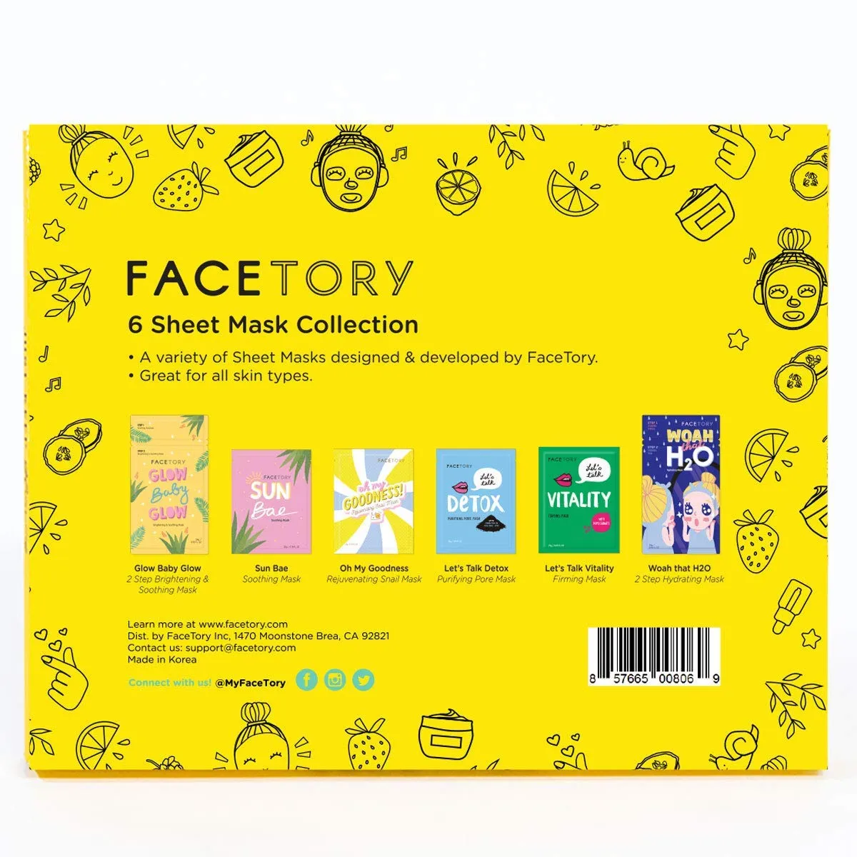 FaceTory 6 Sheet Mask Gift Set | Hydrate, Brighten, Moisturize for Glowing Skin