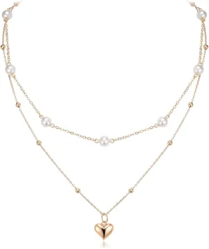 FANZE Elegant Heart Shape Pearl Necklace for Women 14K Gold Plated Layered Necklace for Women Trendy Jewelry Gift