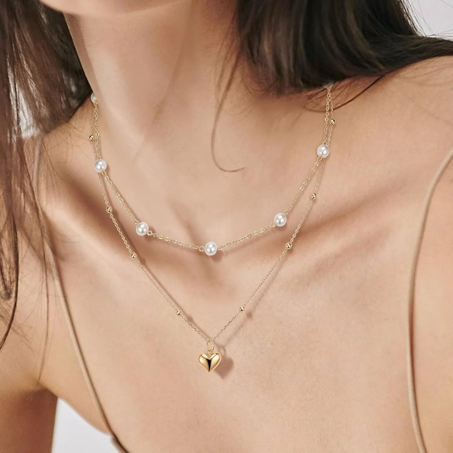 FANZE Elegant Heart Shape Pearl Necklace for Women 14K Gold Plated Layered Necklace for Women Trendy Jewelry Gift