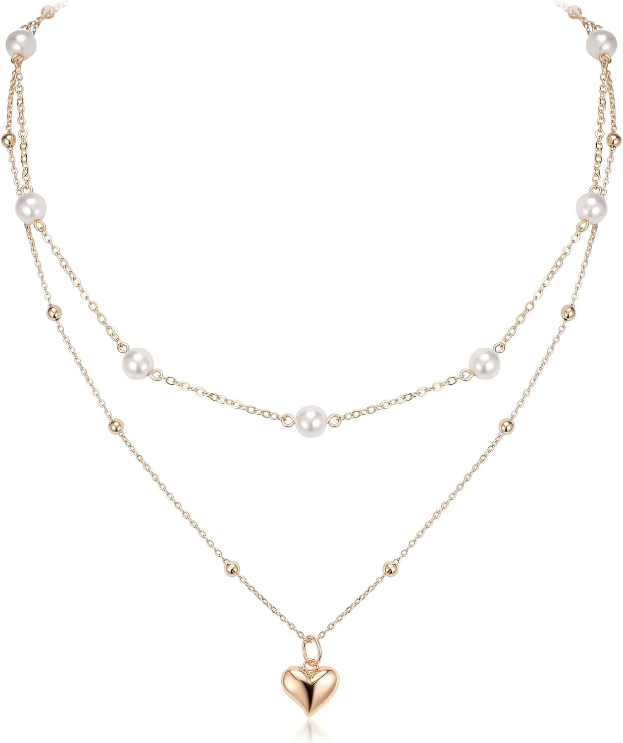 FANZE Elegant Heart Shape Pearl Necklace for Women 14K Gold Plated Layered Necklace for Women Trendy Jewelry Gift