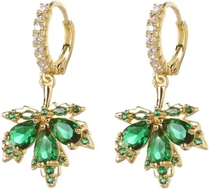 Fashion Maple Leaf Dangle Hoop Earrings Cubic Zirconia Green Crystal Leaves Drop Cartilage Small Huggie Hoops Earring Wrap Cuffs Dainty Jewelry Birthday Gifts for Women