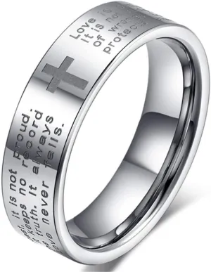 Fashion Month Womens 4mm Tungsten Carbide White Ring Engraved English Bible Verses About Love Cross Band for Her