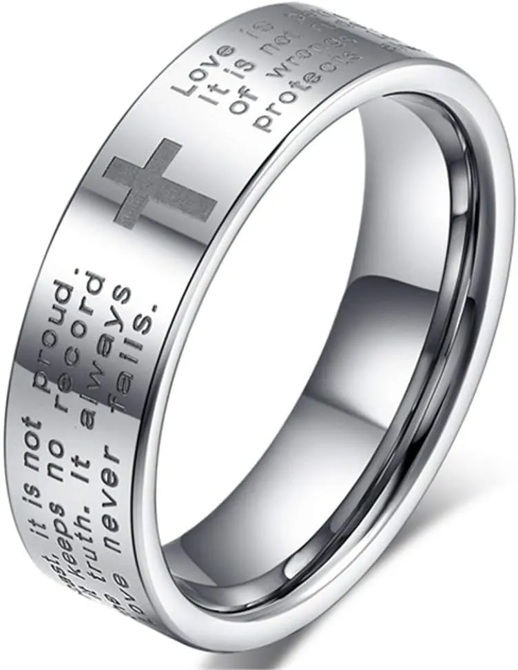 Fashion Month Womens 4mm Tungsten Carbide White Ring Engraved English Bible Verses About Love Cross Band for Her