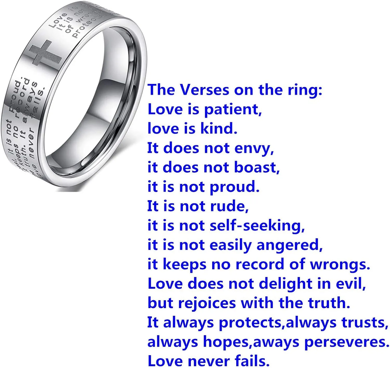 Fashion Month Womens 4mm Tungsten Carbide White Ring Engraved English Bible Verses About Love Cross Band for Her