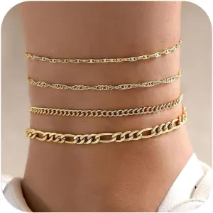 Fesciory 14K Gold Ankle Bracelets Sets For Women, Adjustable Layered Infinite Anklet, Summer Beach Butterfly Star Foot Chain Jewelry Gifts