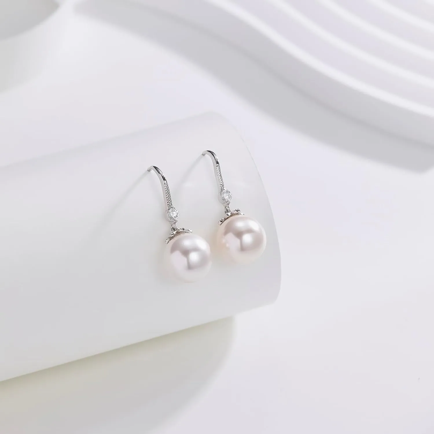 Freshwater Pearl Drop Earrings, 10-12mm 925 Sterling Silver Cultured Pearls Dangle Earrings with Cubic Zirconia, Wedding Anniversary Jewelry Gifts for Women Wife