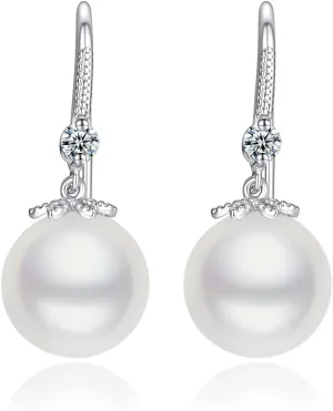 Freshwater Pearl Drop Earrings, 10-12mm 925 Sterling Silver Cultured Pearls Dangle Earrings with Cubic Zirconia, Wedding Anniversary Jewelry Gifts for Women Wife