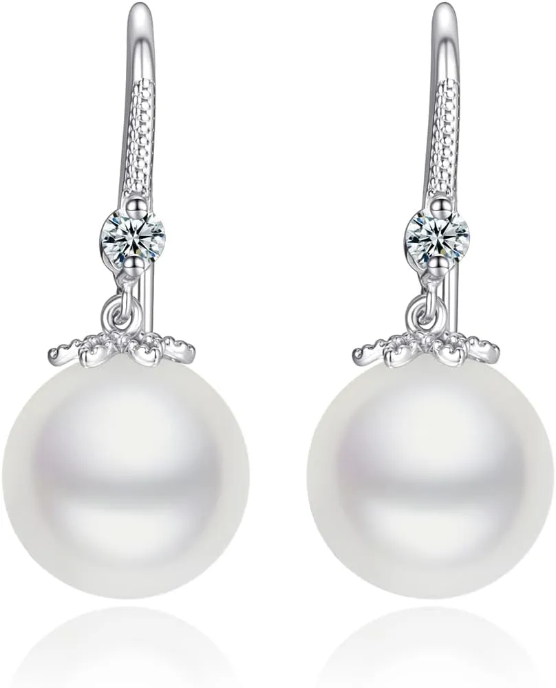 Freshwater Pearl Drop Earrings, 10-12mm 925 Sterling Silver Cultured Pearls Dangle Earrings with Cubic Zirconia, Wedding Anniversary Jewelry Gifts for Women Wife