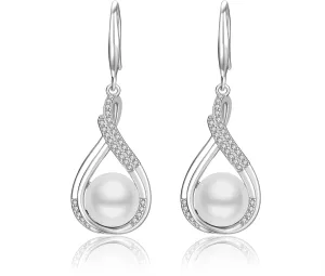 Freshwater Pearl Drop Earrings, 10mm Infinity Design 925 Sterling Silver Cultured Pearls Dangle Earrings with Cubic Zirconia, Wedding Anniversary Jewelry Gifts for Women Wife