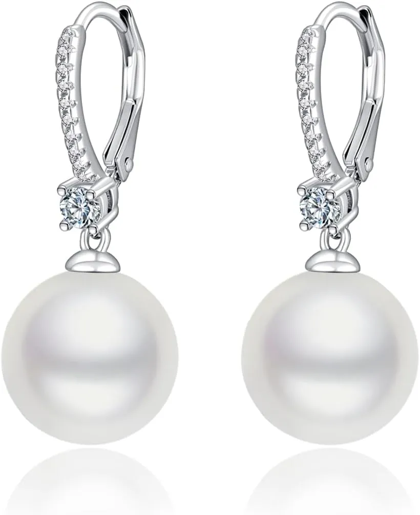 Freshwater Pearl Hoop Earrings, 8-10mm 925 Sterling Silver Cultured Pearls Drop Dangle Earrings with Cubic Zirconia, Wedding Anniversary Jewelry Gifts for Women