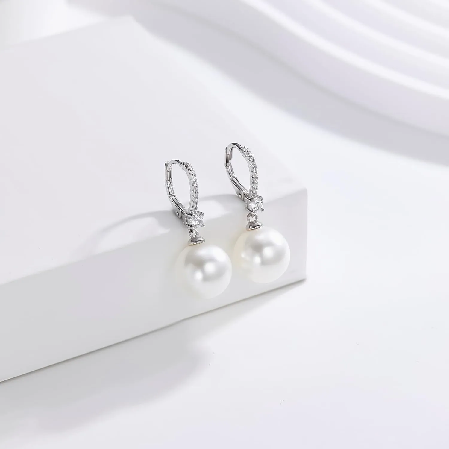 Freshwater Pearl Hoop Earrings, 8-10mm 925 Sterling Silver Cultured Pearls Drop Dangle Earrings with Cubic Zirconia, Wedding Anniversary Jewelry Gifts for Women