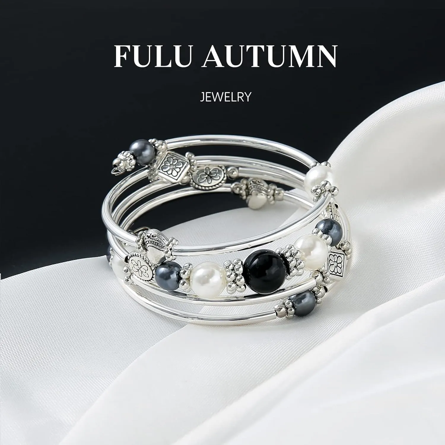 FULU AUTUMN Beaded Bangle Bracelets for Women Silver Wrap Bangles Bracelet Womens Costume Jewelry Fashion Gift